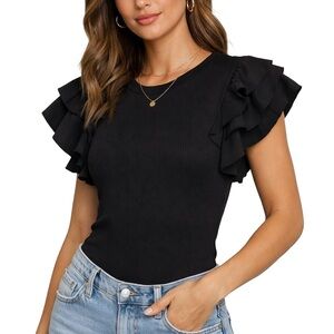 Black Ribbed Ruffle Sleeve Bodysuit – Size Small (US 4)